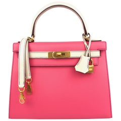 Hermes Kelly 28 Sellier Sonderbestellung Rose Azalee Rosa Craie Weiß Gebürstetes Gold