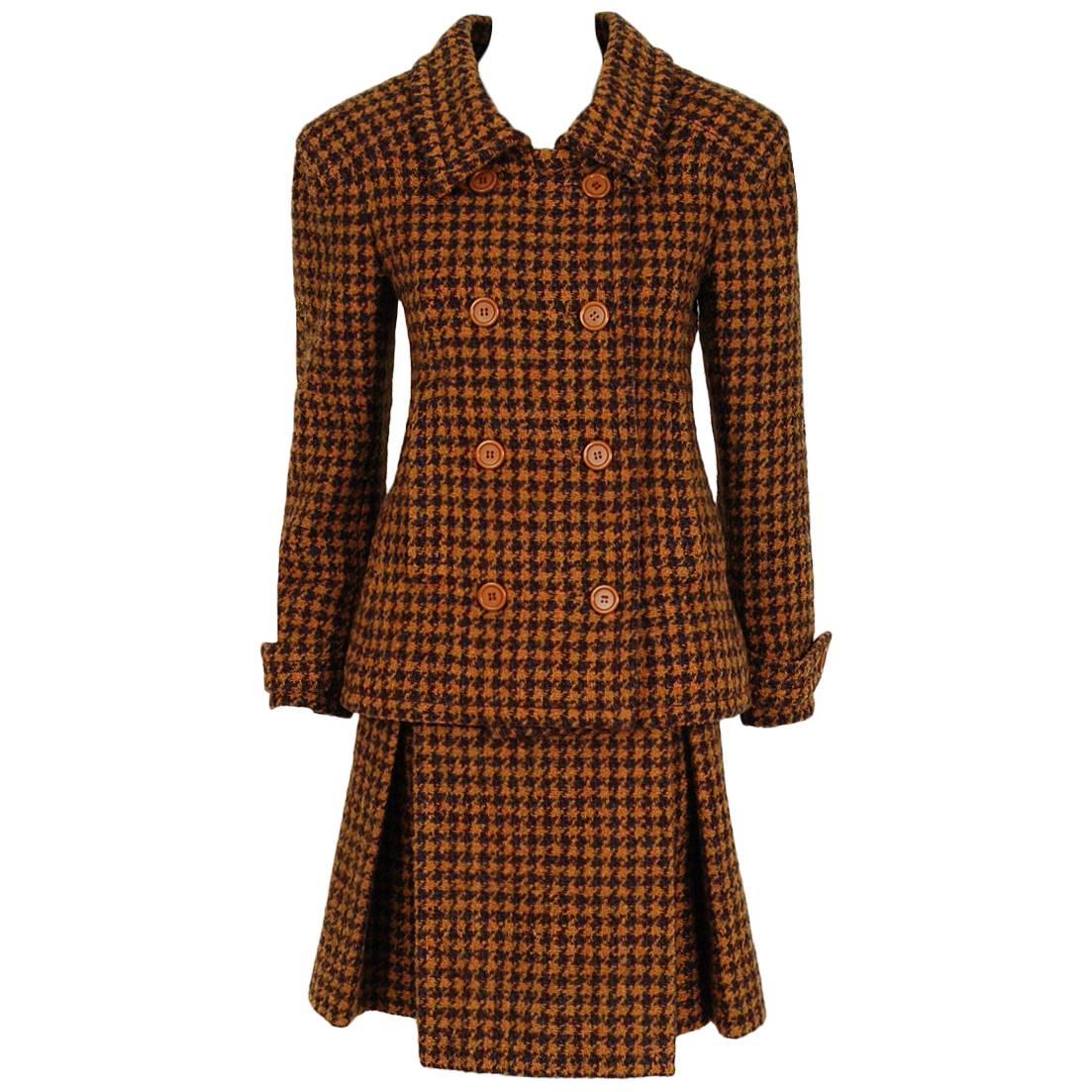 1968 Christian Dior Haute-Couture Plaid Wool Double-Breasted Mod Skirt Suit