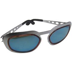 Mod Italian Silver Metal Blue Lens Unisex Sunglasses c 1970