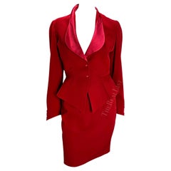 1980s Thierry Mugler Satin Trim Red Cinched Sculptural Skirt Suit 