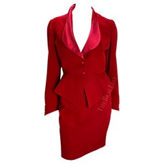 1980er Thierry Mugler Roter Cinched-Skulptur-Rock mit Satinbesatz
