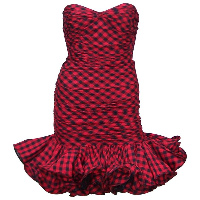 Fall 1988 Emanuel Ungaro Strapless Metallic Gold & Coral Dress w Flirty Ruffled Skirt