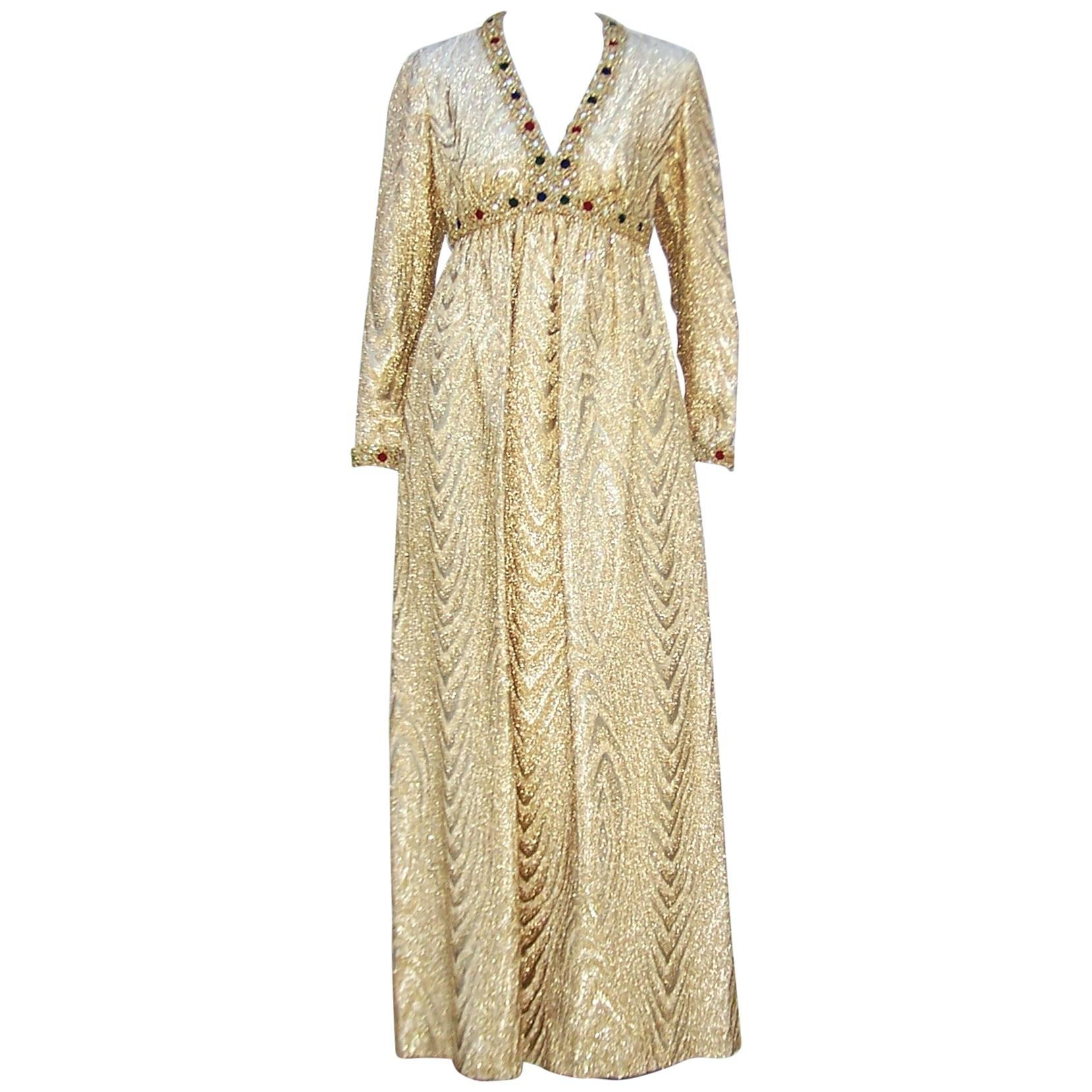 C.1970 Anne Fogarty Gold Moire Style Empire Dress With Velvet & Rhinestone Trim