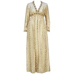 C.1970 Anne Fogarty Gold Moire Style Empire Dress With Velvet & Rhinestone Trim