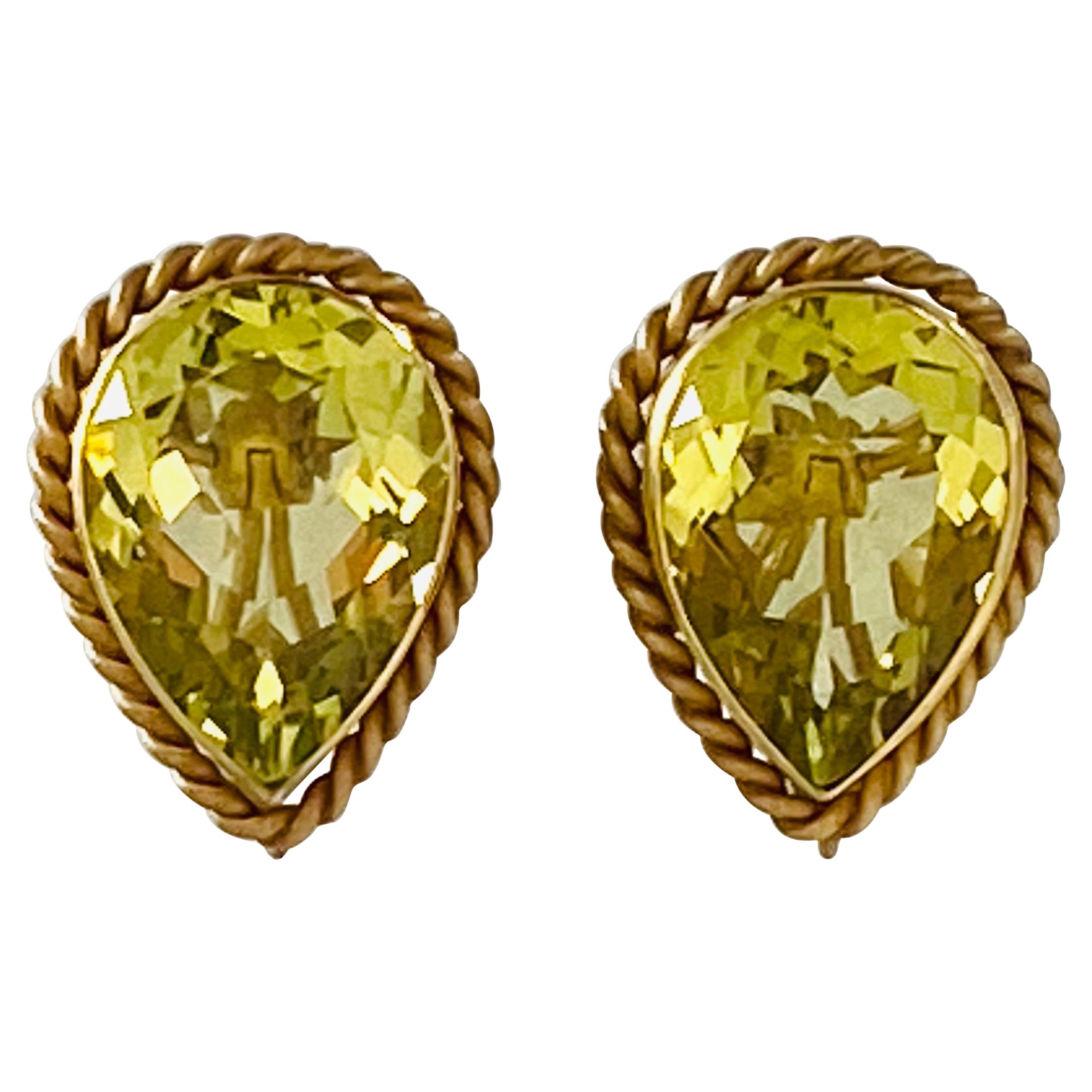 MAZ 14K Pear Shape Peridot Ear Clips Bezel Set with Rope Twist Base Matte Gold