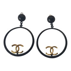 Chanel Huge Matte Black & Gold Hoop Ear Clips 93P