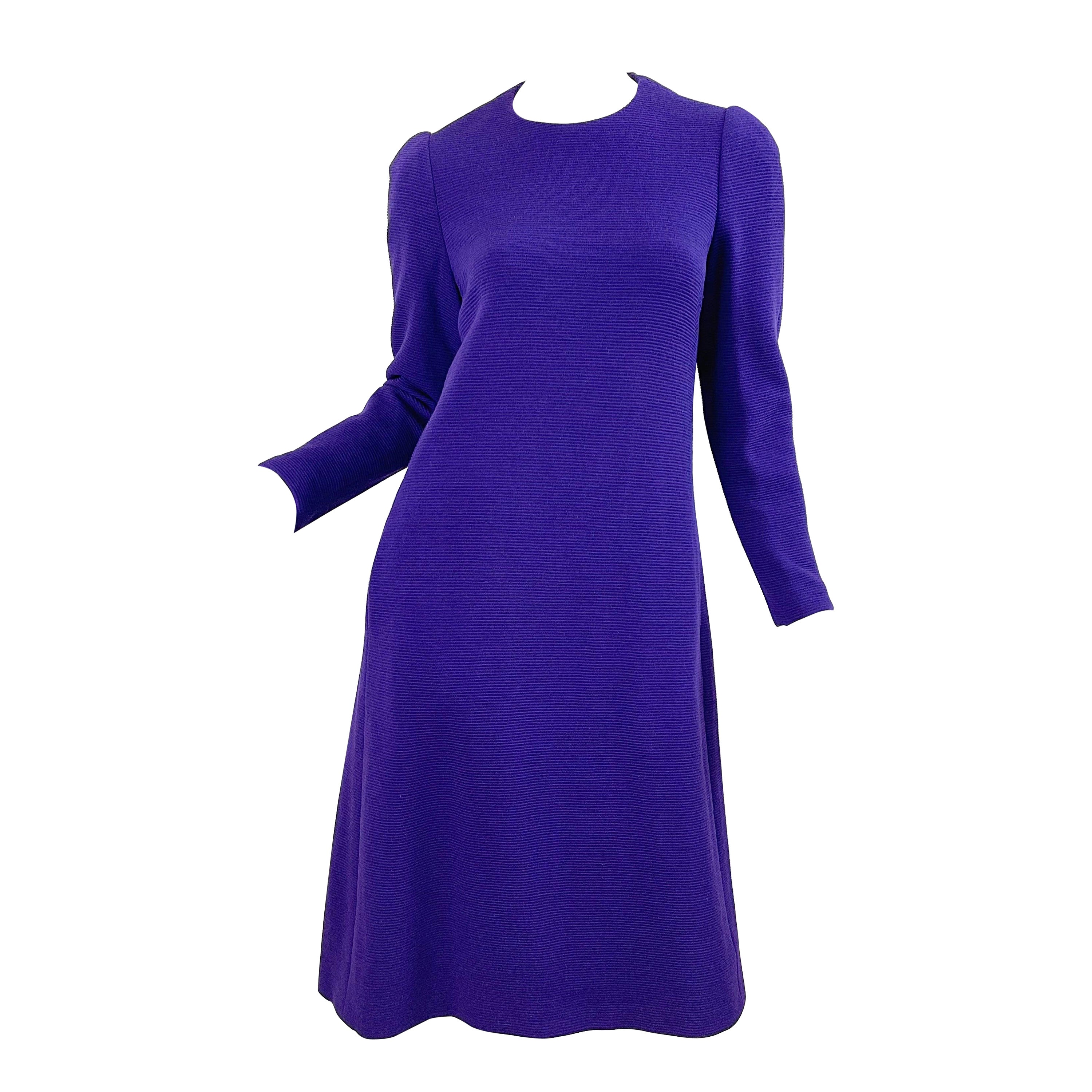 1970s Halston Purple Wool Long Sleeve Vintage Chic 70s Tailored Dress For Sale