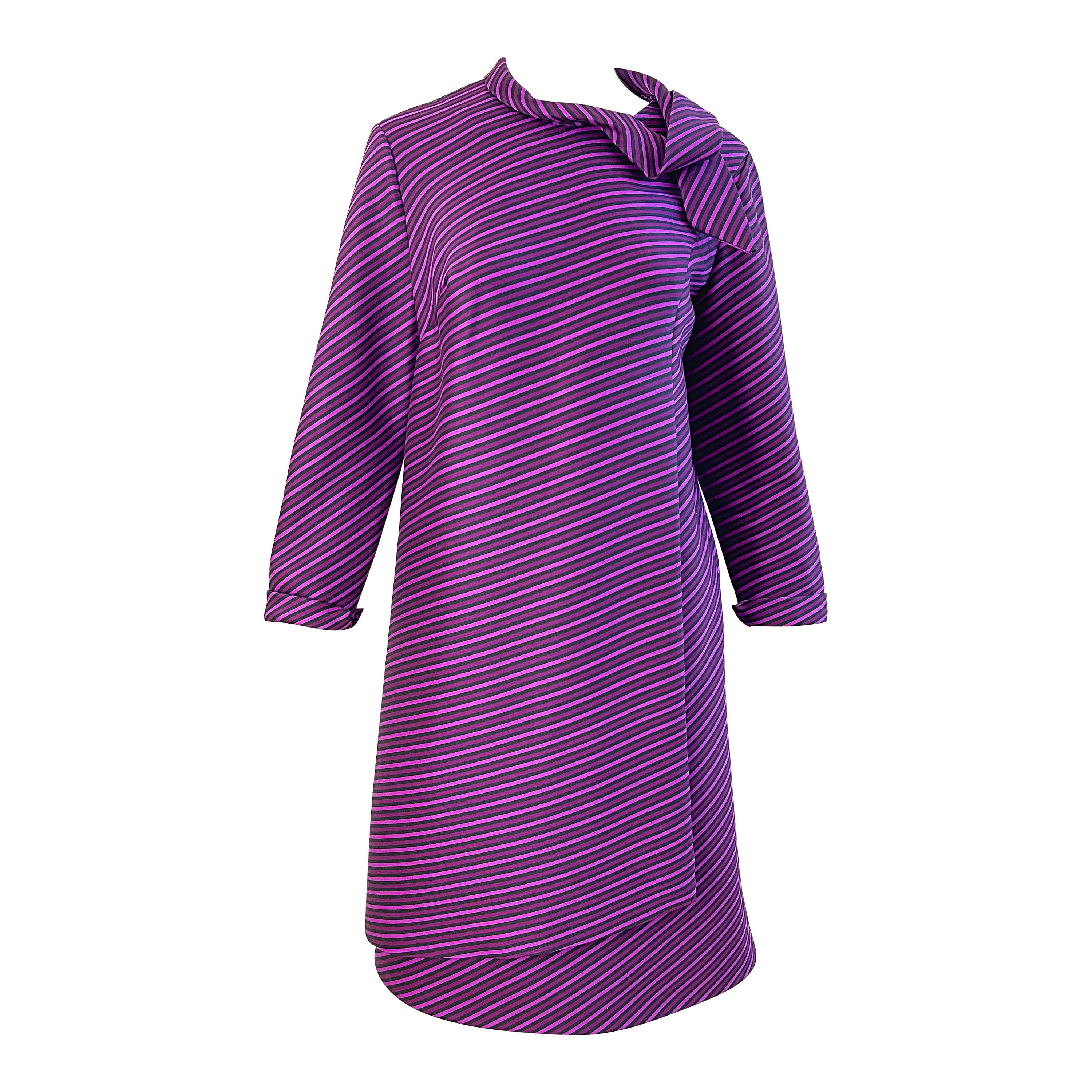 1960s Moe Nathan New York Purple Striped Silk Long Sleeve Vintage 60s Dress For Sale