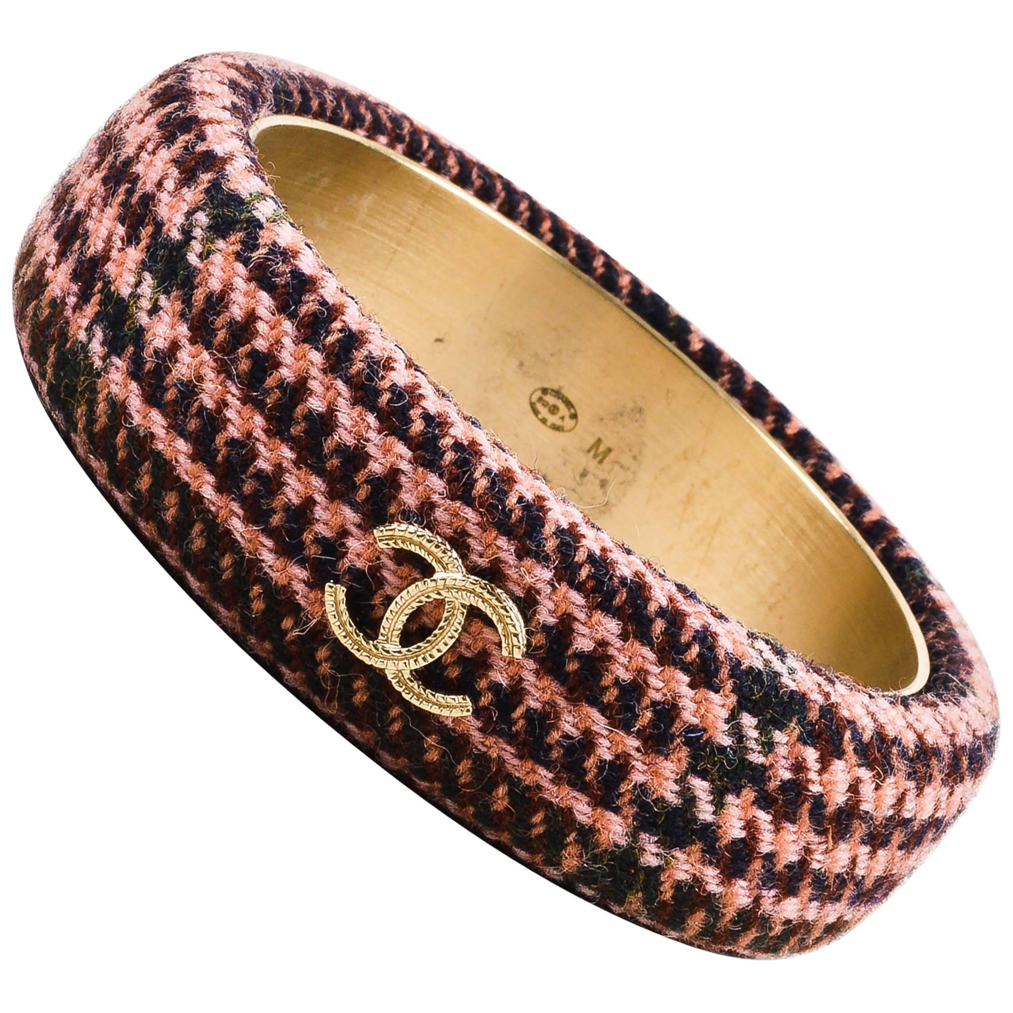 Chanel Fall Collection Pink Brown Tweed Gold Tone 'CC' Bangle Bracelet SZ M For Sale