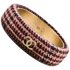 Chanel Fall Collection Pink Brown Tweed Gold Tone 'CC' Bangle Bracelet SZ M