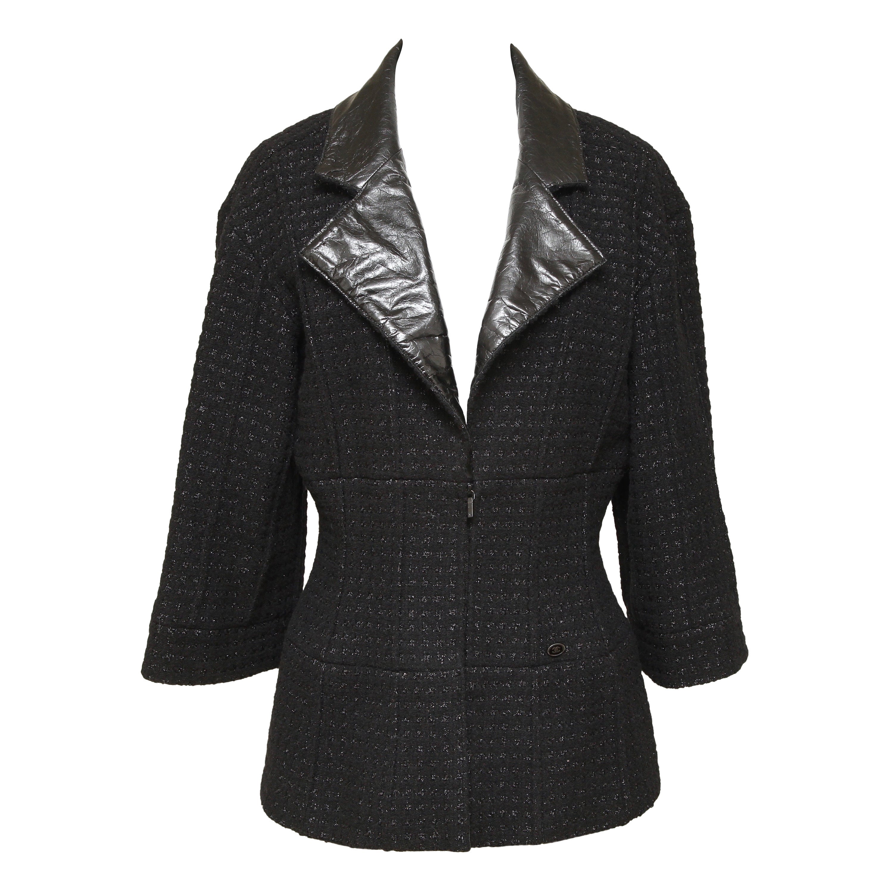 CHANEL Jacket Blazer Coat Tweed Black MetaIlic Leather Silver Chain Sz 42 2014 C For Sale