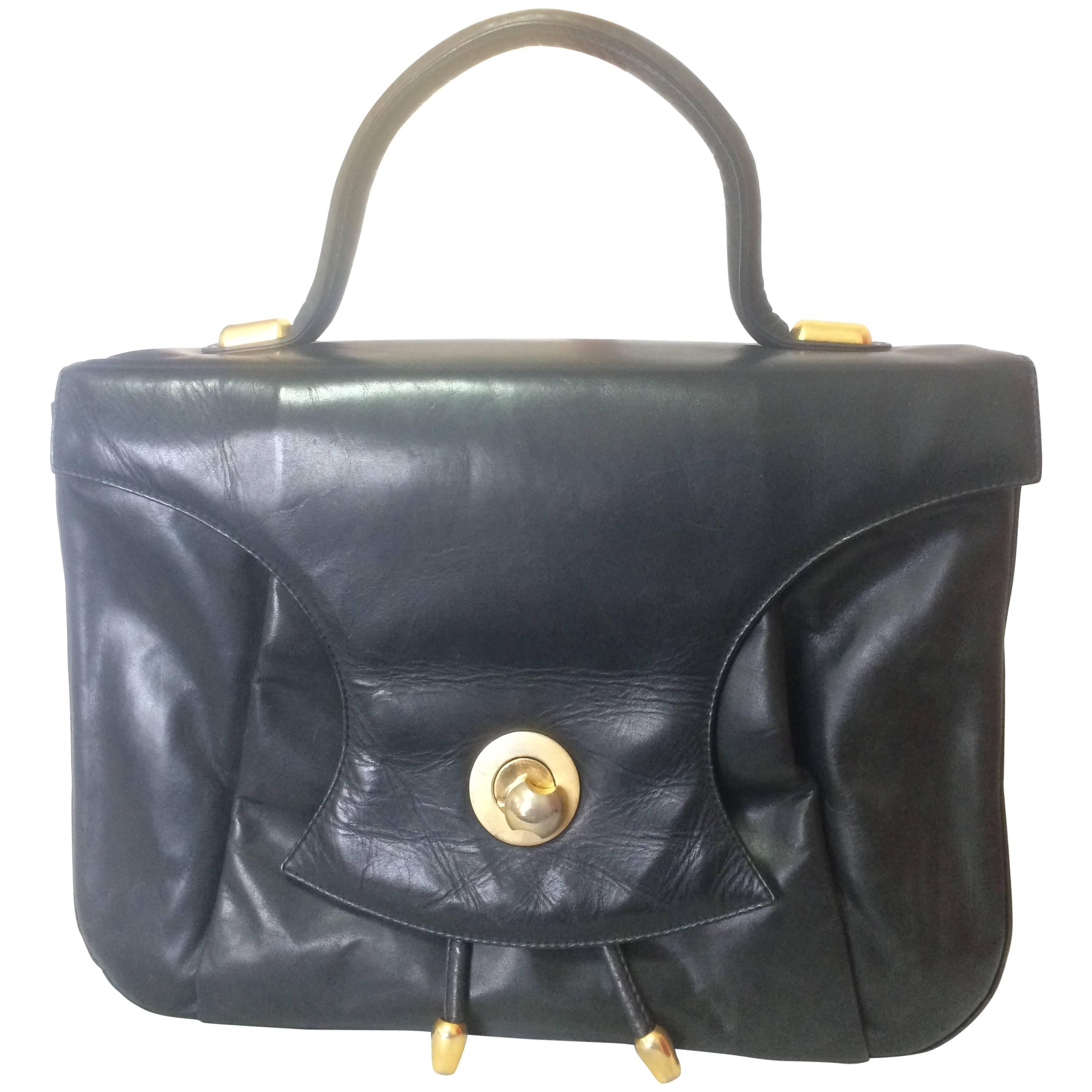 Vintage Bally black leather retro pop design bag, business purse. Unisex. For Sale