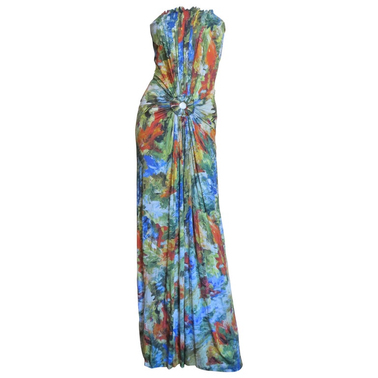 Jean Paul Gaultier Silk Ruched Circle Cutout Strapless Maxi For Sale at ...