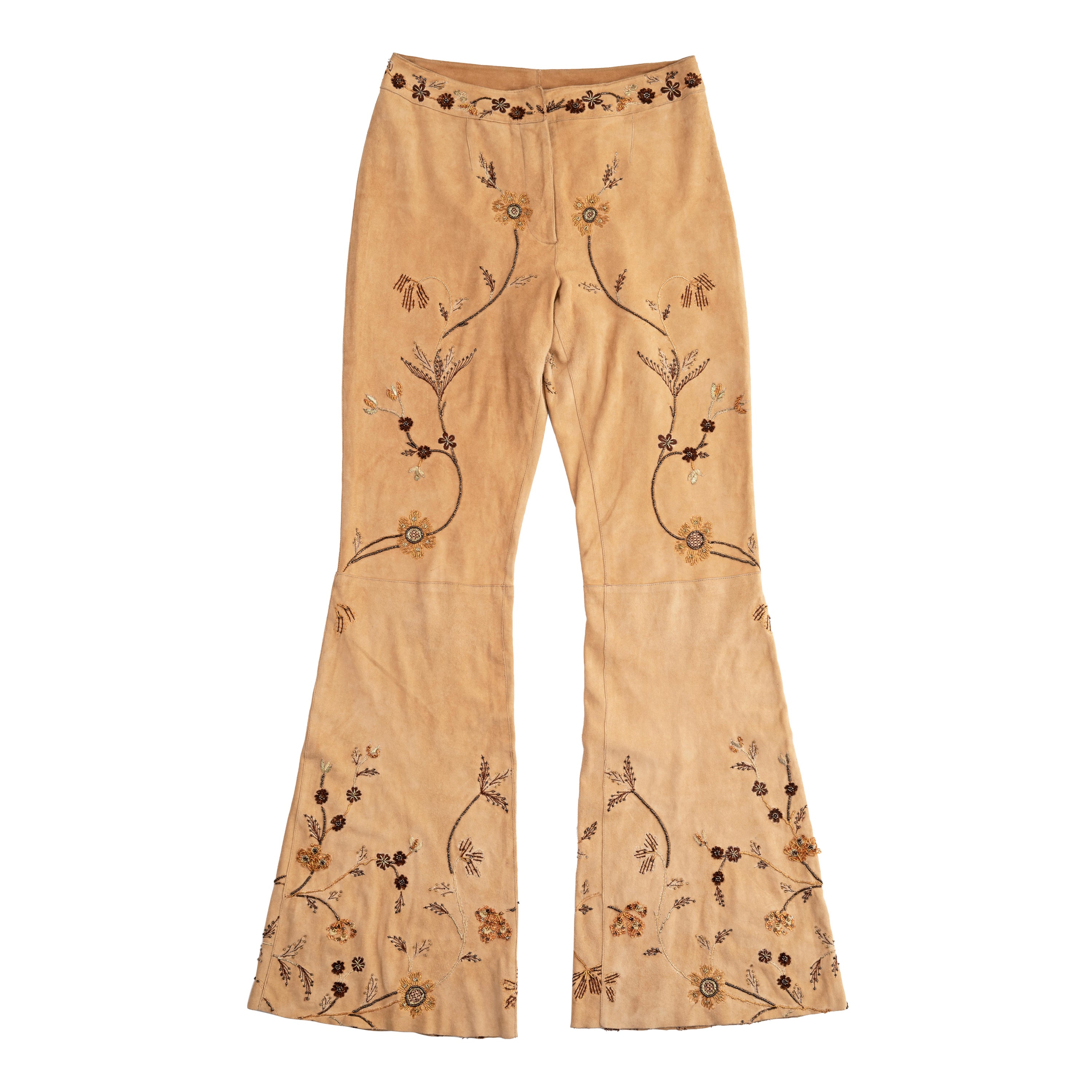 Dolce & Gabbana cream goat suede embroidered flared pants, ss 2001 For Sale