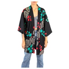 1950S Red Shibori Silk Black And White Flower Kimono