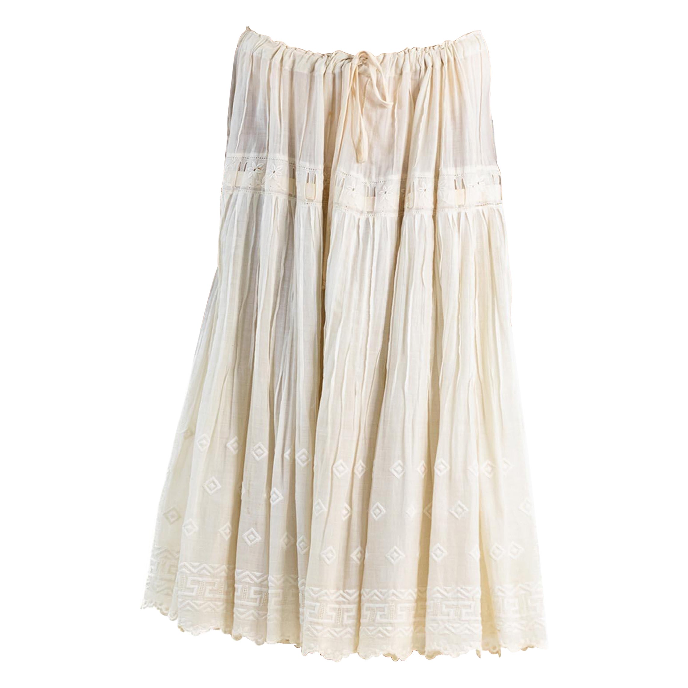 1990S White Cotton Drawstring Embroidered Skirt For Sale