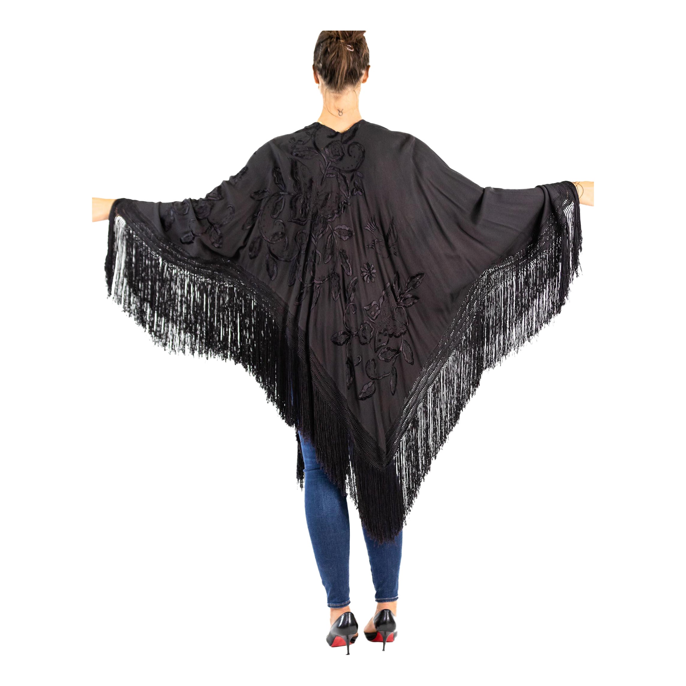 1920S Black Hand Embroidered Wool Blend Piano Shawl Style Jacket With Fringe For Sale