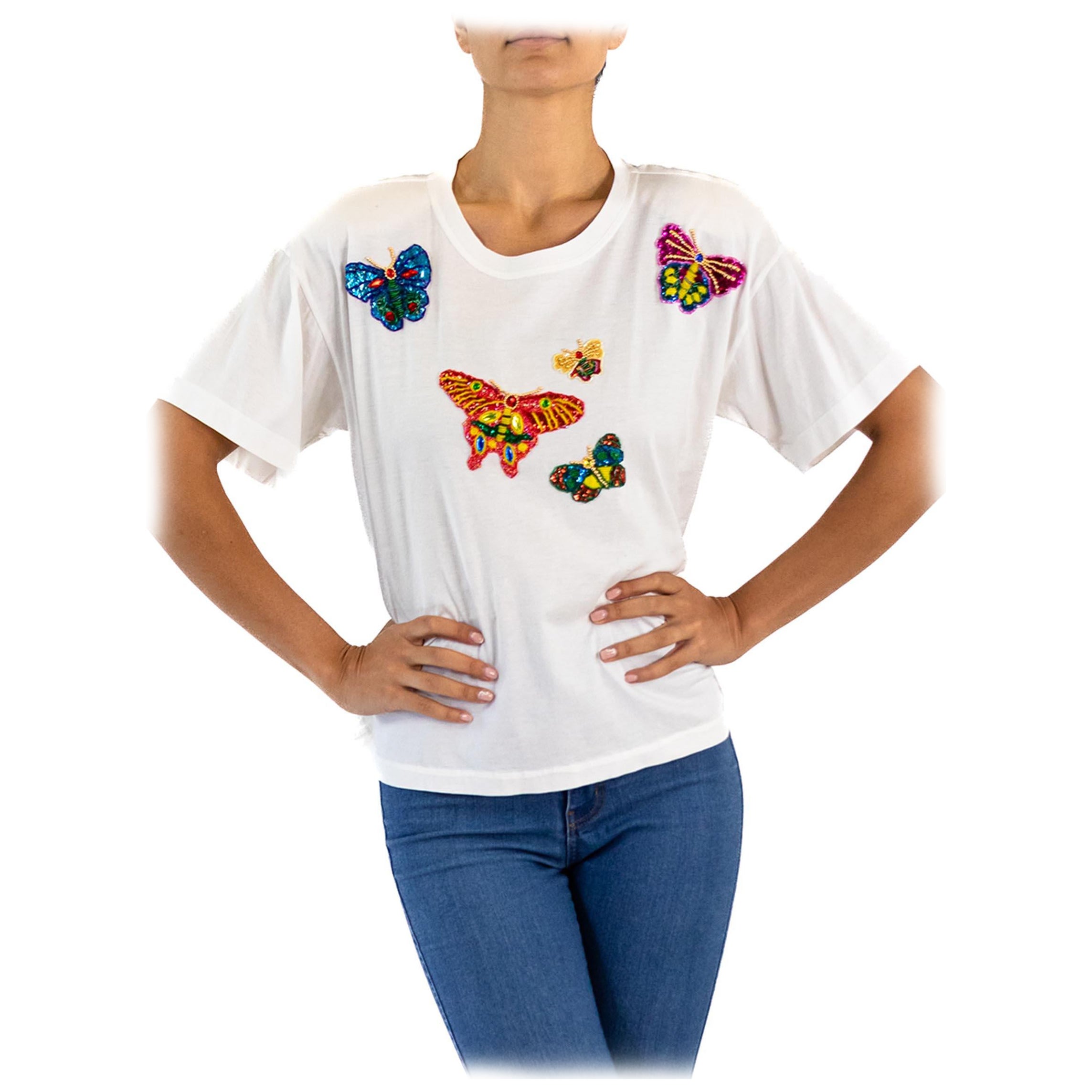 1990S ESCADA White Cotton Jersey Butterfly Sequin T-Shirt For Sale