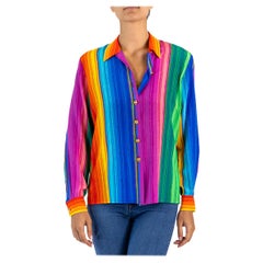 Vintage 1970S ESCADA Multicolor Silk Rainbow Striped Blouse