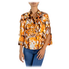 Geometrische Tiki-Bluse aus Seiden-Charmeuse in Orange & Braun aus den 1960er Jahren mit offenen Krawattenärmeln