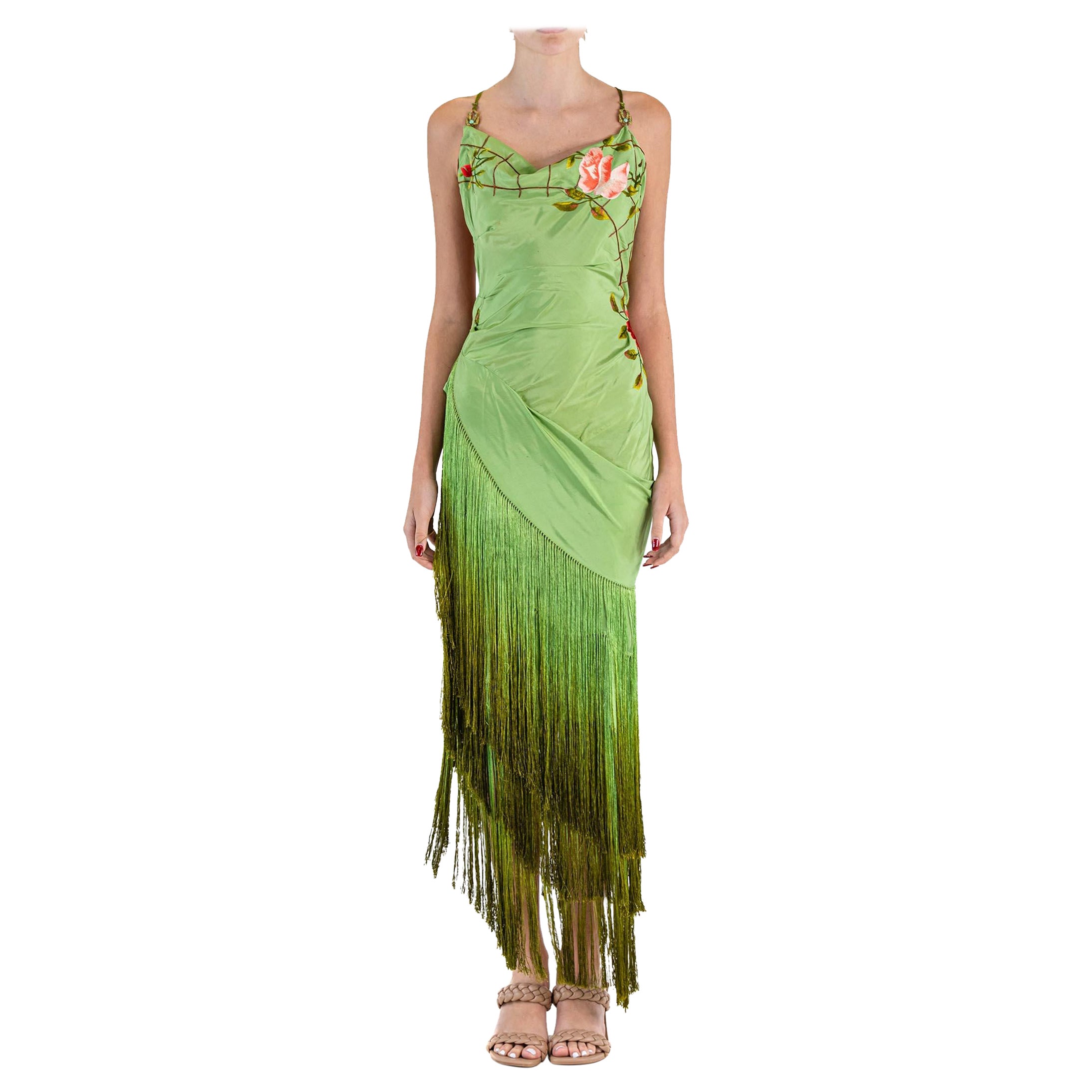 MORPHEW ATELIER Green Hand Embroidered Silk Bias Piano Shawl Gown With Ombré Fr For Sale