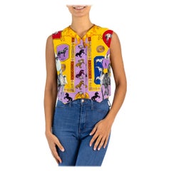 1990S GIANNI VERSACE Lilac Cotton Corduroy Equestrian Print Vest With Gold Medu
