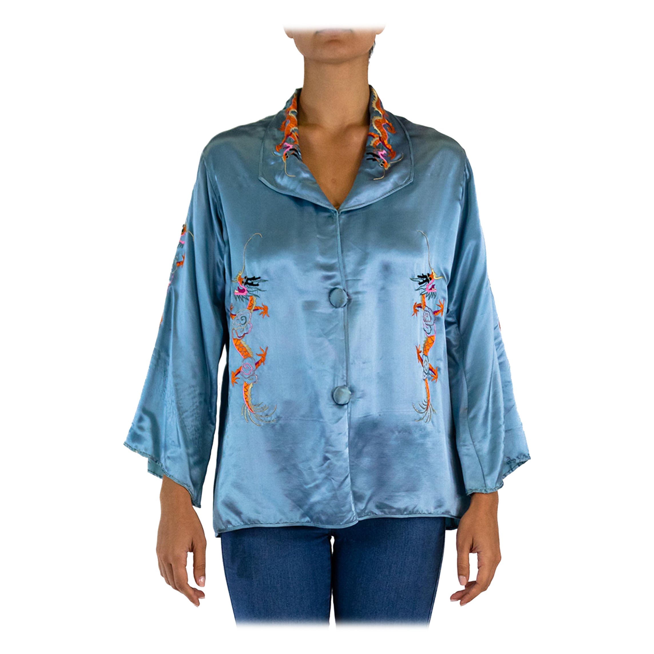 1940S Light Aqua Blue Silk Satin Old Hollywood Jacket With Hand -Embroidered Dr For Sale