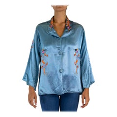 Vintage 1940S Light Aqua Blue Silk Satin Old Hollywood Jacket With Hand -Embroidered Dr