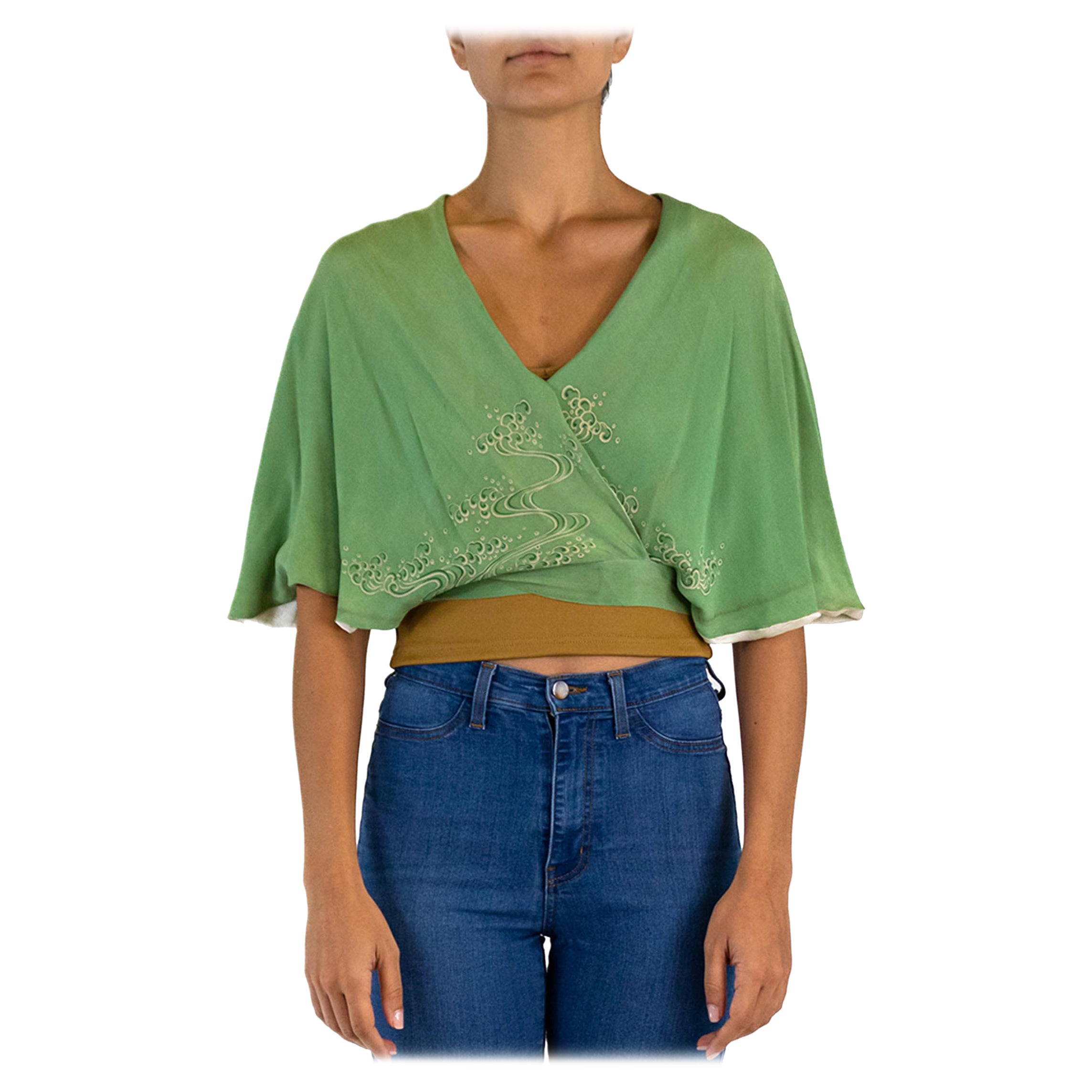 1940S Jade Green Silk Japanese Wrap Top For Sale
