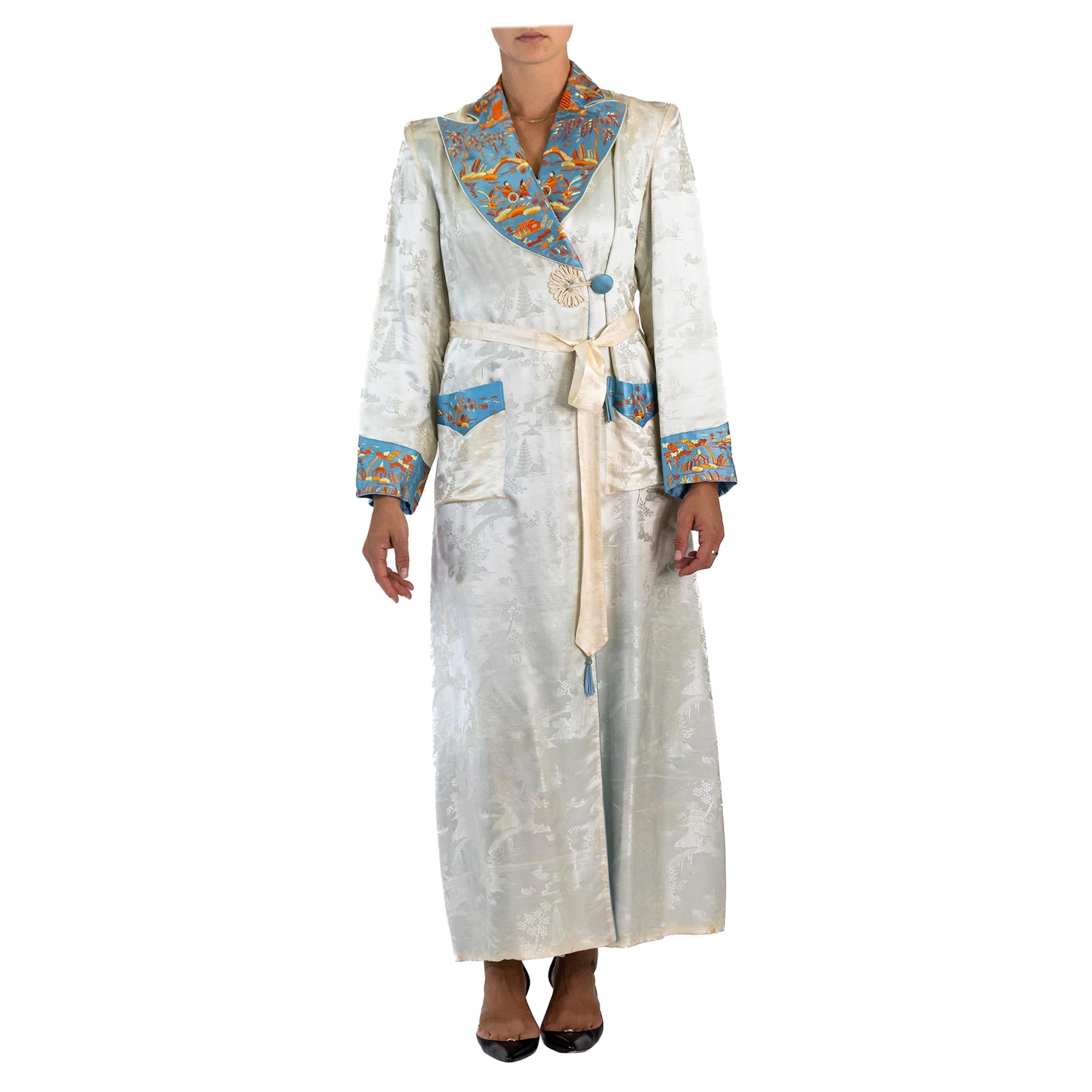 1930S Silver & Blue Silk Jacquard  Scenic Embroiderd Long Robe With Pockets For Sale