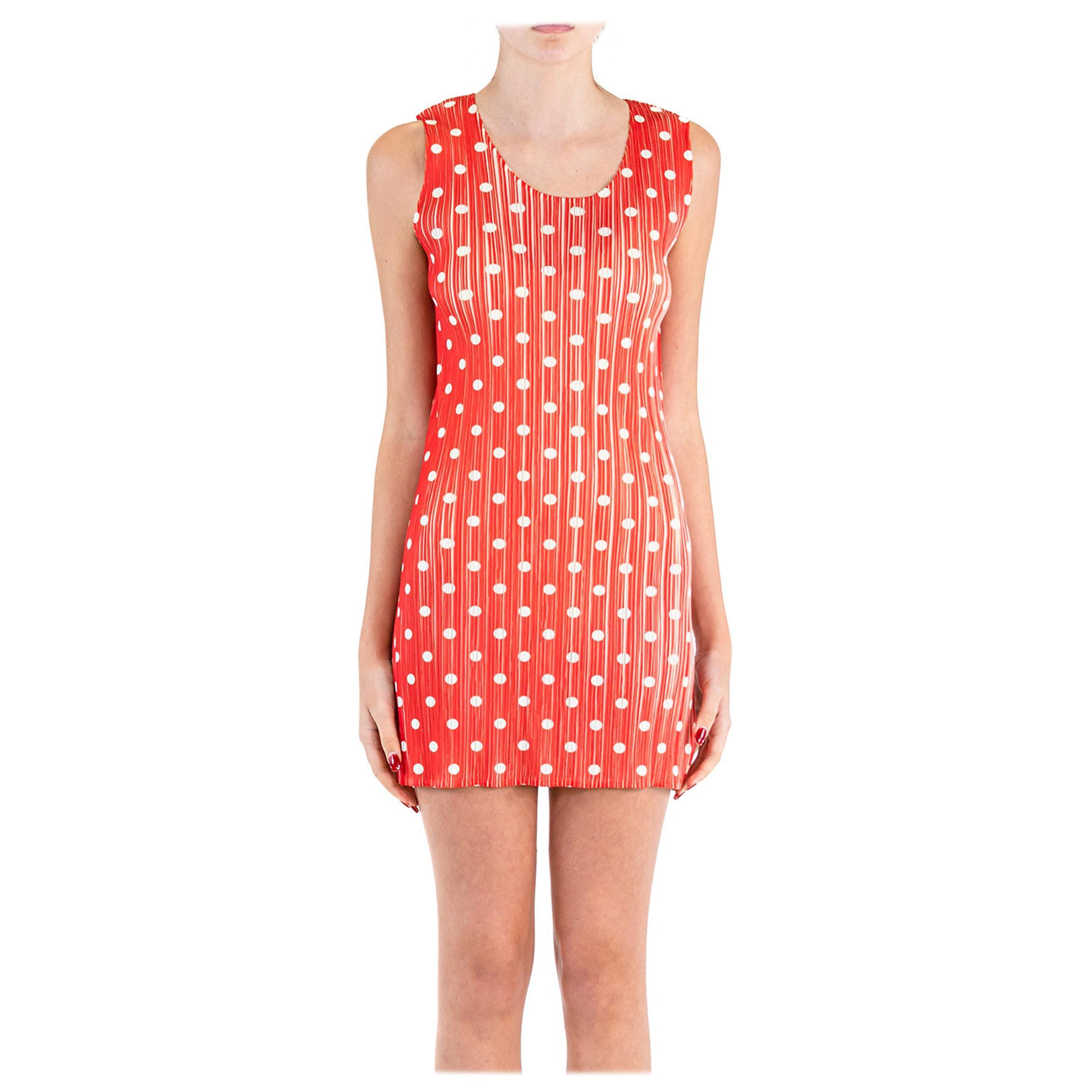 1990S PLEATS PLEASE ISSEY MIYAKE Red & White Pleated Polyester Polka Dot Dress For Sale