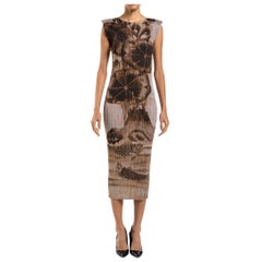 Retro 1990S PLEATS PLEASE ISSEY MIYAKE Tan Brown Polyester Japanese Scenic Print Dres