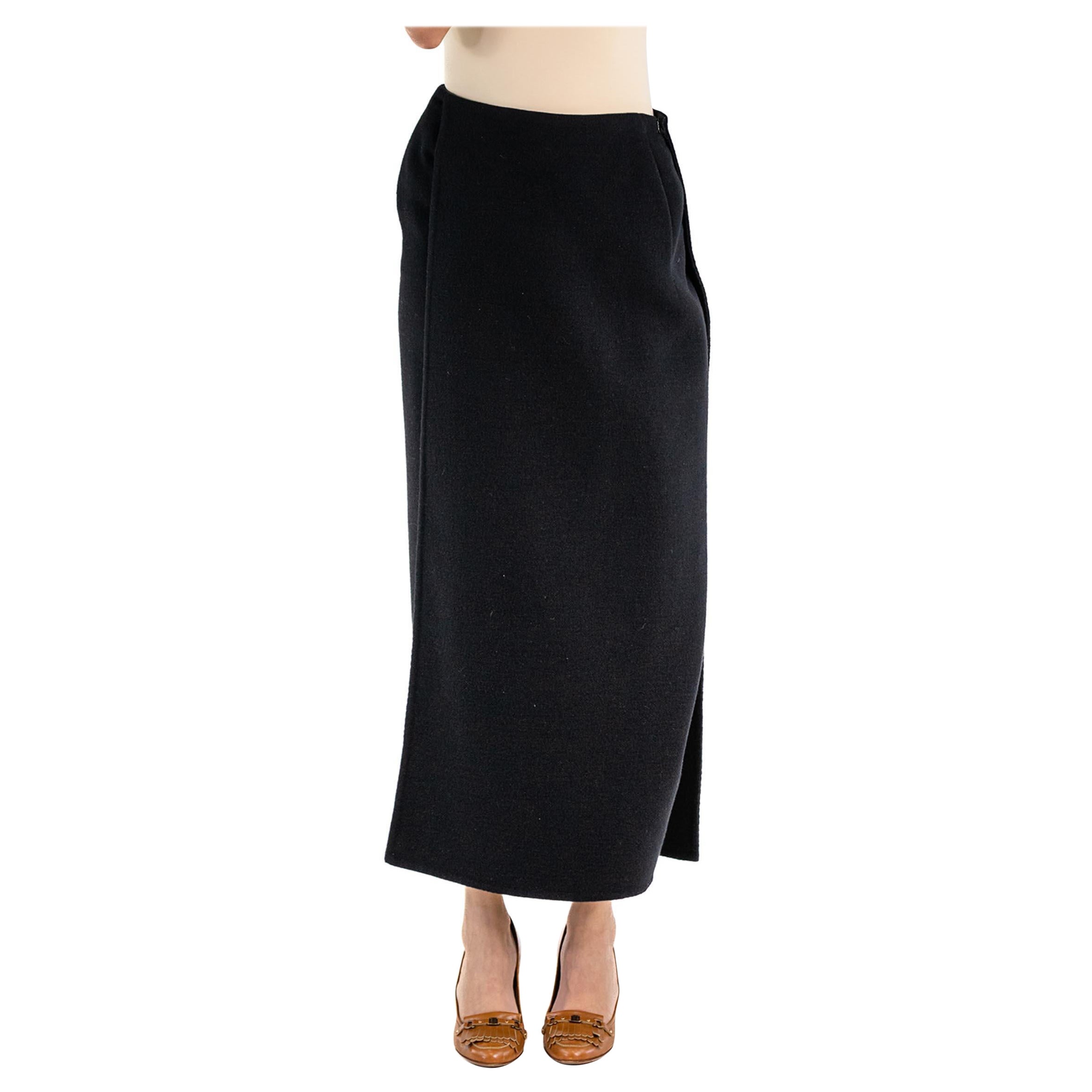 2000S DONNA KARAN Black Wool Flannel Wrap Skirt