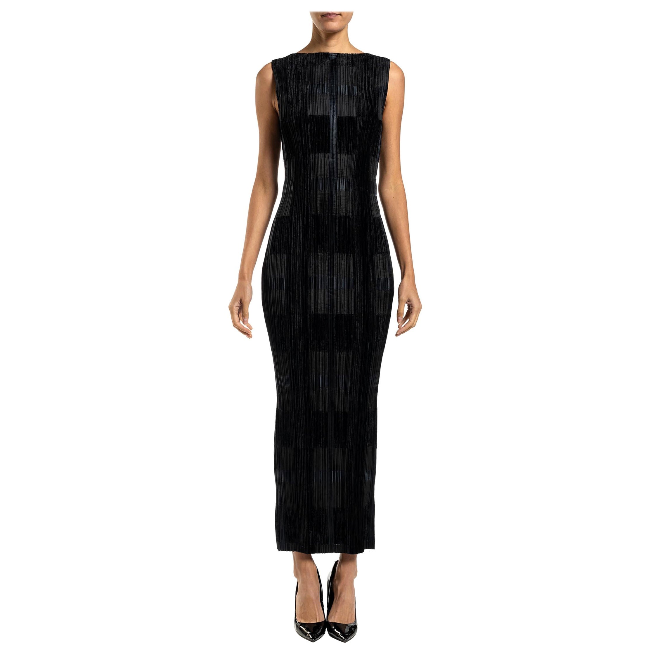 1990S ISSEY MIYAKE Black Polyester Pleated Velvet Patchwork Gown