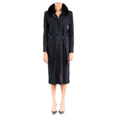 Retro 2000S ISSEY MIYAKE Black Polyester Pleated Long Trench Jacket With Faux Fur Col