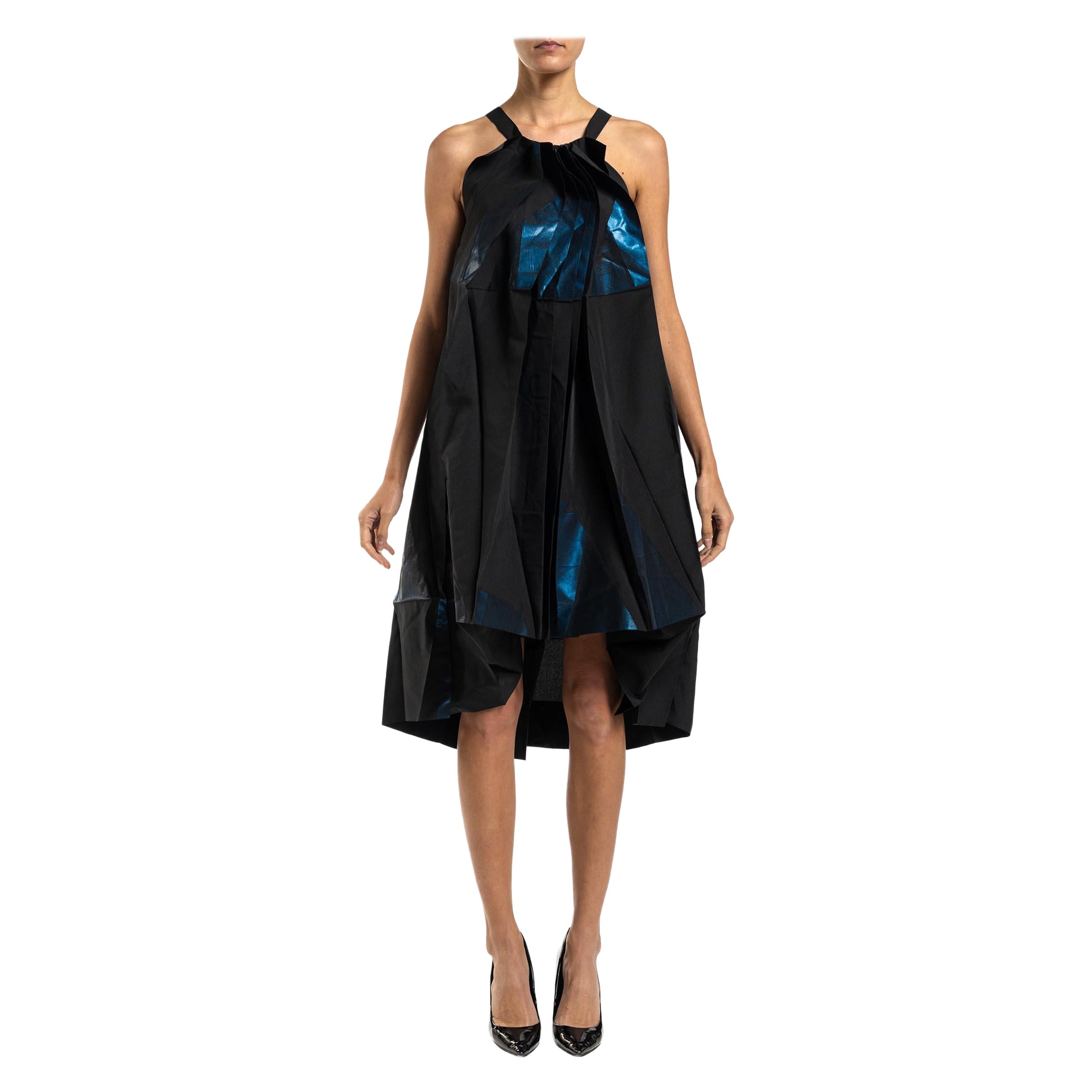 2000S ISSEY MIYAKE Blue & Black Metallic Polyester 132 5 Avant Garde Art Dress For Sale