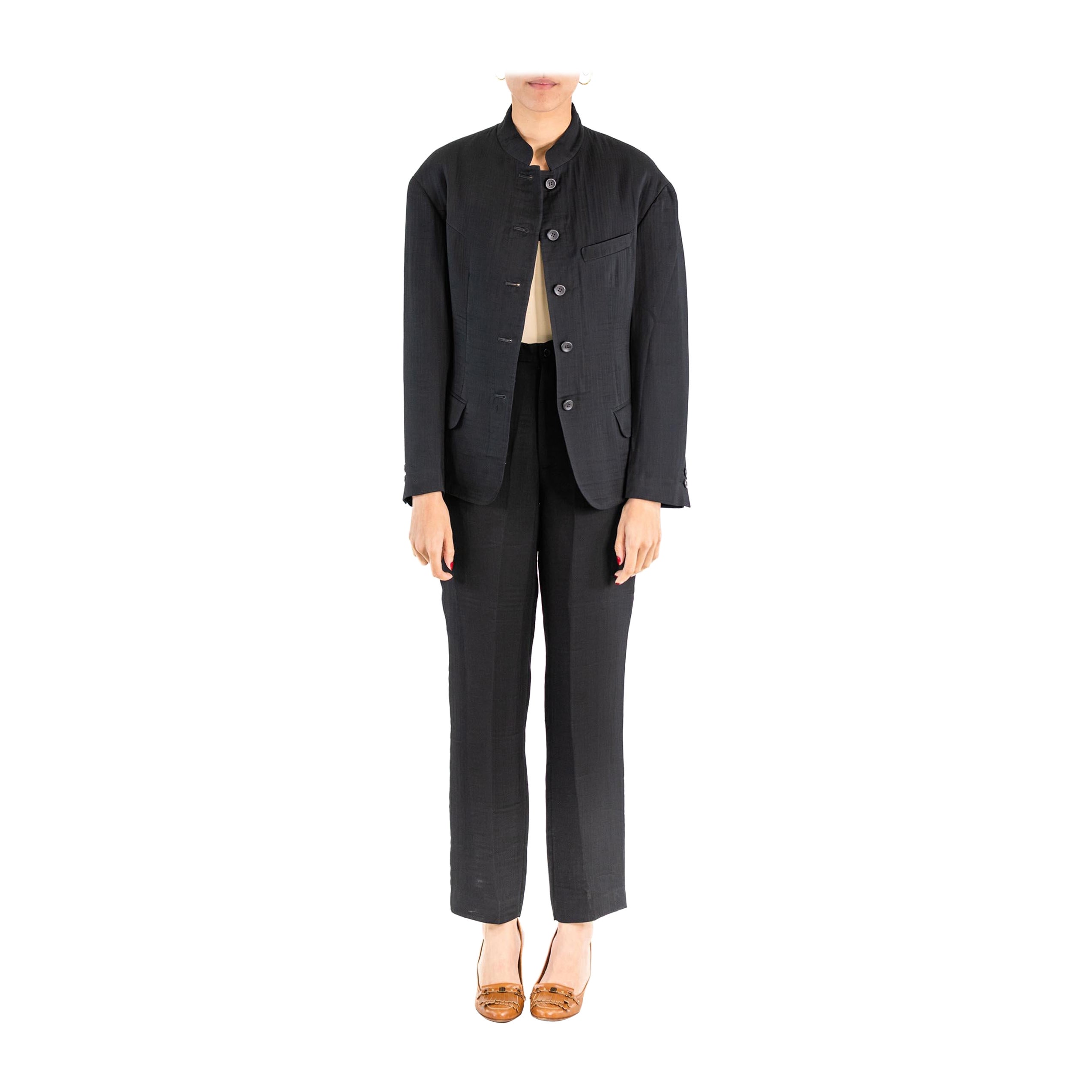 1990S ISSEY MIYAKE Black Rayon Blend Lightweight Pucker Double-Weave Pant Suit For Sale