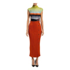1990S ISSEY MIYAKE Lime Green Brown Polyester Pleated Tank Top & Skirt Ensemble