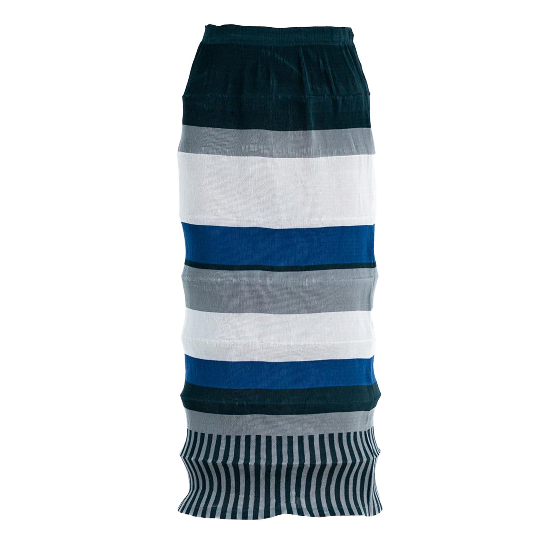 1990S ISSEY MIYAKE Mixed Blues Polyester Striped Pleated Skirt For Sale