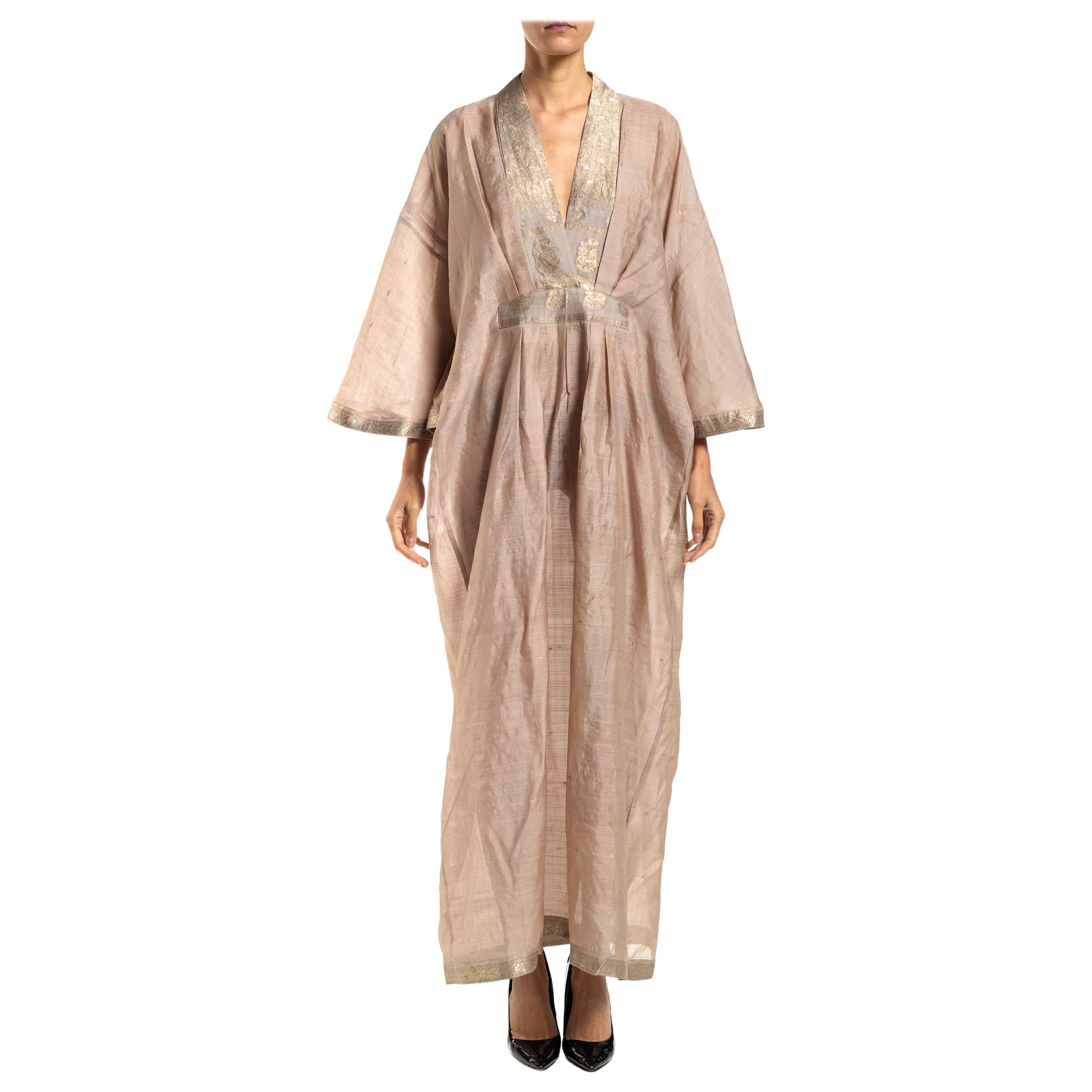 MORPHEW COLLECTION Dusty Pink Silk Kaftan Made From Vintage Sari For Sale