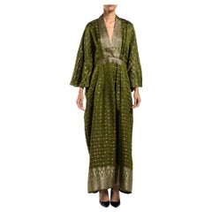 MORPHEW COLLECTION Olive Green, Brown & Silver Silk Geometric Kaftan Made From 