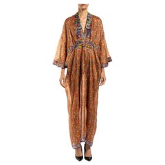MORPHEW COLLECTION Orange & Blue Multicolored Silk Conversational Print Kaftan