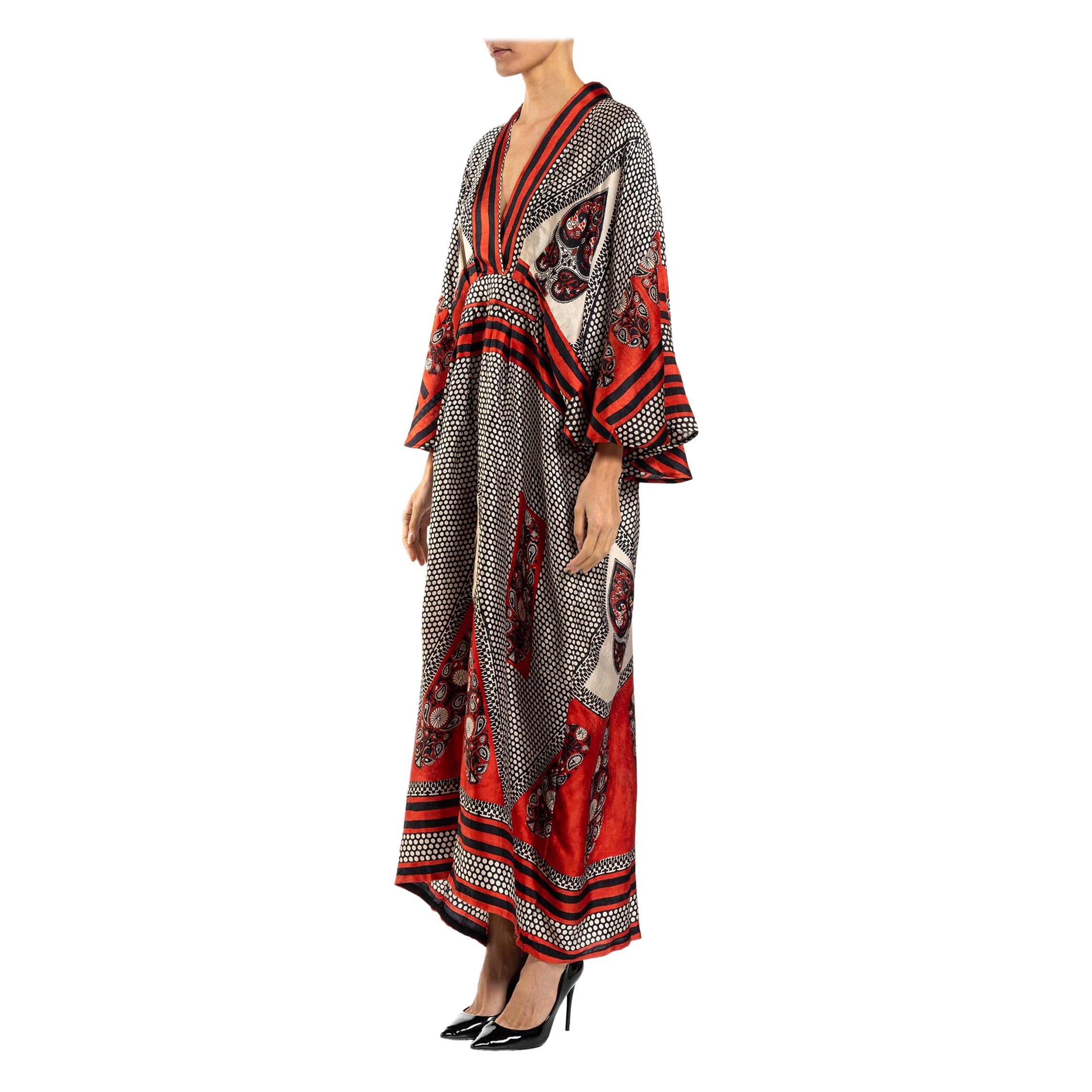 MORPHEW COLLECTION Red, Black & White Polka Dot Silk Kaftan Made From Vintage S