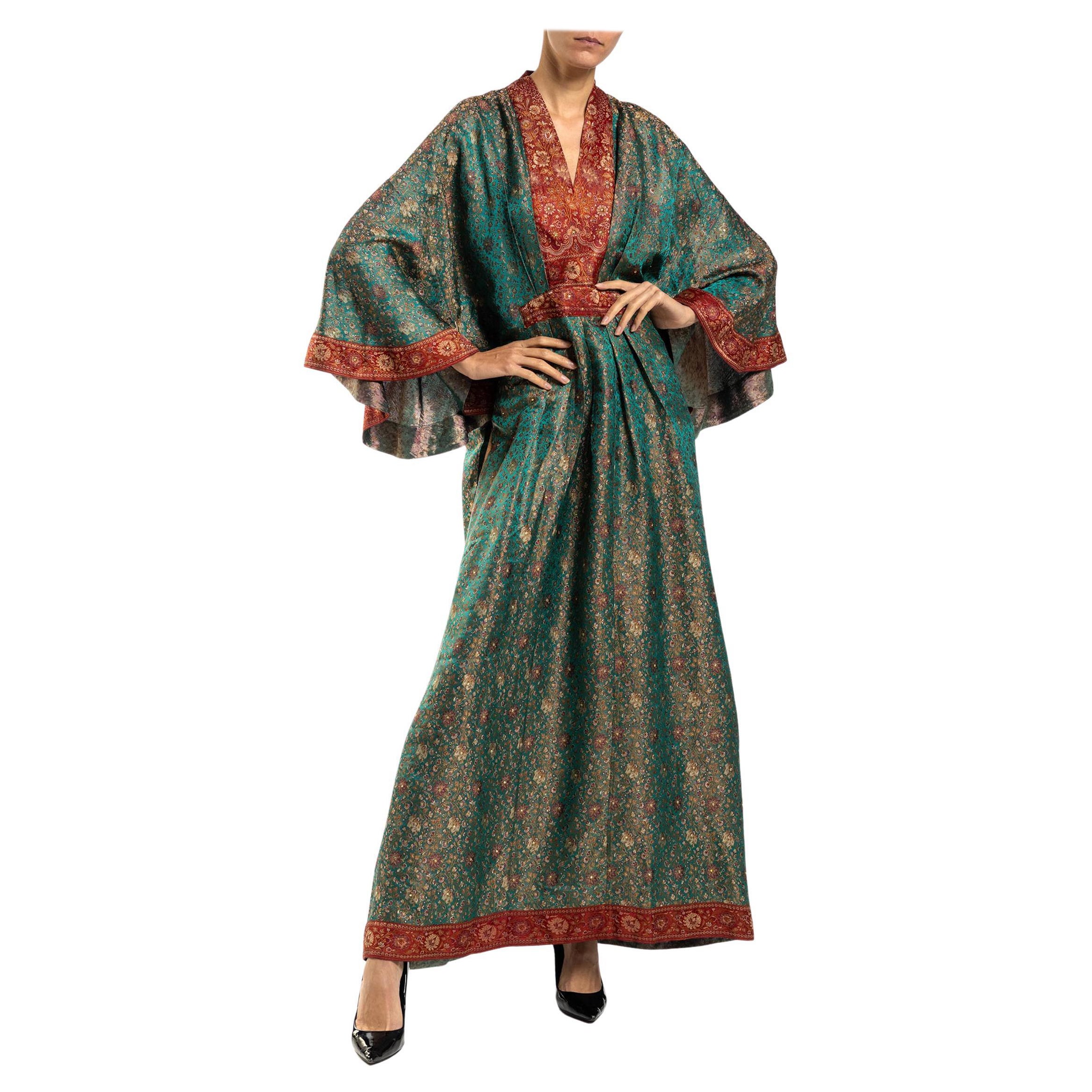 MORPHEW COLLECTION Teal & Burgundy Floral Silk Studded Kaftan Made From Vintage For Sale