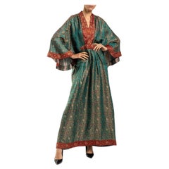 MORPHEW COLLECTION Teal & Burgundy Floral Silk Studded Kaftan Made From Vintage