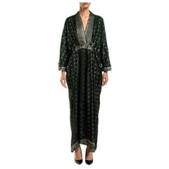 MORPHEW COLLECTION Hunter Green, Silver & Pink Floral Silk Kaftan Made From Vin