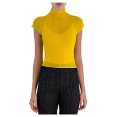 1990S ISSEY MIYAKE Yellow Sheer Polyester Double Pleated Crinkle Top