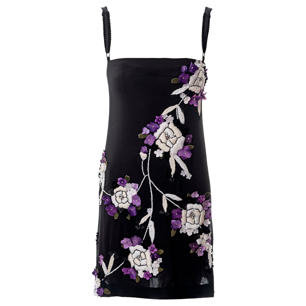 Dolce & Gabbana black silk mini dress with floral embroidery, fw 1997 For Sale