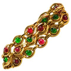 Vintage Chanel Gold Tone Pink Green Gripoix Stone Multi Strand Link Bracelet