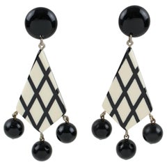 Oversized Black and White Checkerboard Lucite Pierced Earrings